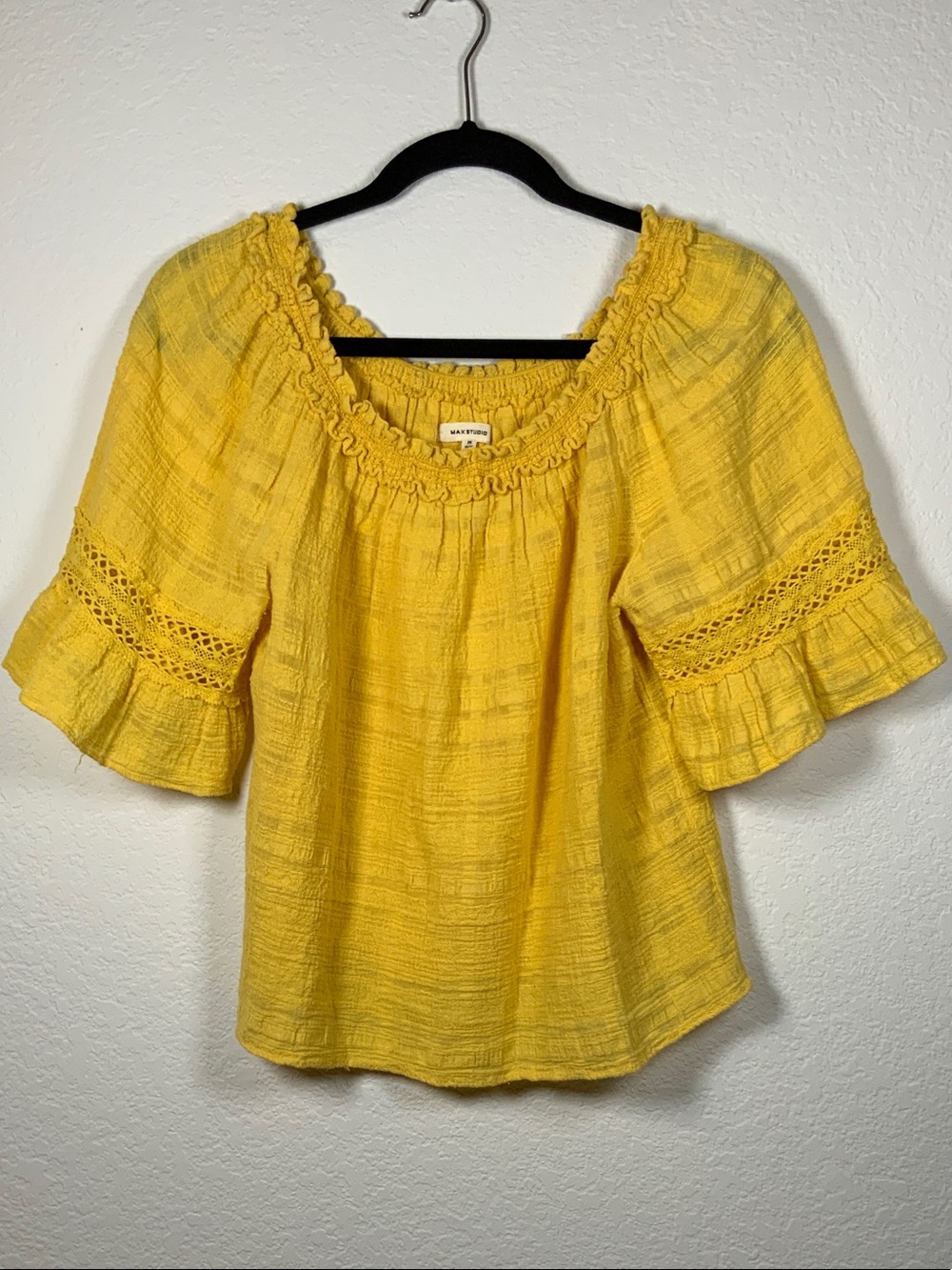 Max Studio Yellow Crochet-Trim Peasant Blouse